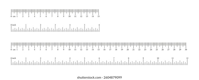 Measuring sticks. Ruler scales 6,12 inch and 15, 30 centimeters, markup, numbers. Measuring chart, metric, imperial units template icon. Distance, height, length measurement, sewing tool black mockups