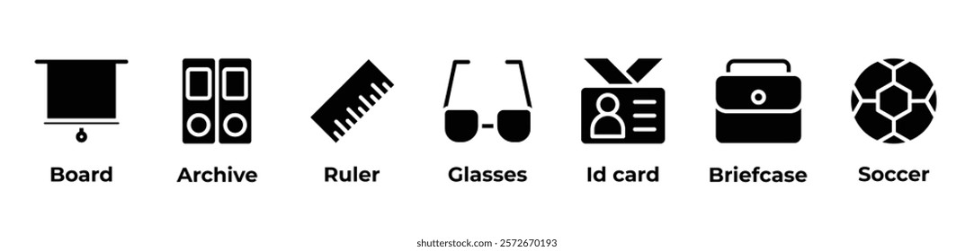 Measuring Success On and Off the Field Icons set vector illustration with Board, Archive, Ruler, Glasses, Id card, Briefcase, Soccer