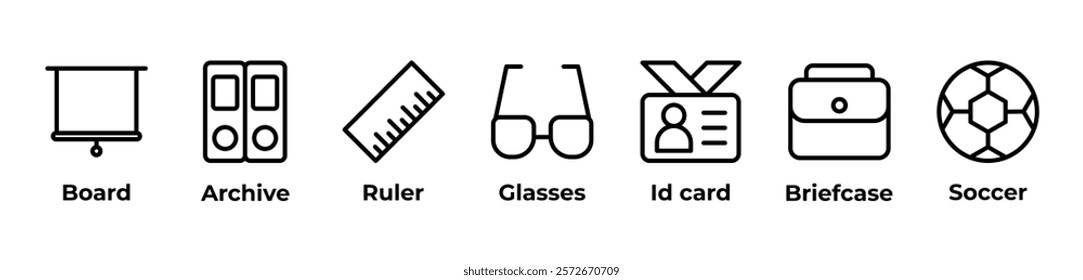 Measuring Success On and Off the Field Icons set vector illustration with Board, Archive, Ruler, Glasses, Id card, Briefcase, Soccer