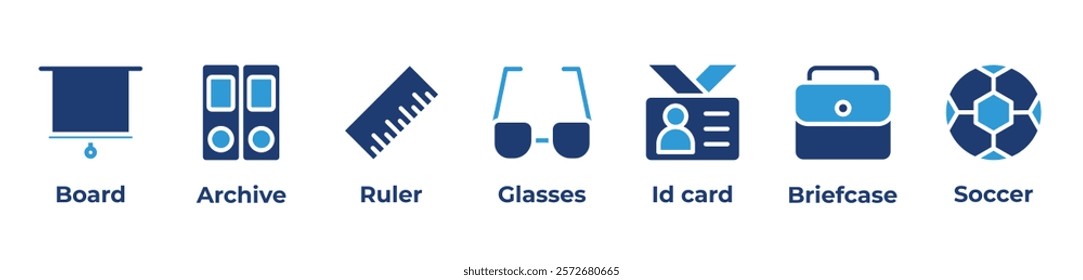 Measuring Success On and Off the Field Icons set vector illustration with Board, Archive, Ruler, Glasses, Id card, Briefcase, Soccer