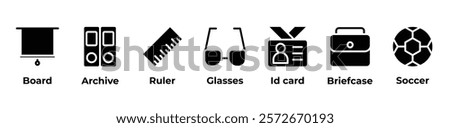 Measuring Success On and Off the Field Icons set vector illustration with Board, Archive, Ruler, Glasses, Id card, Briefcase, Soccer