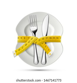 Measuring tailor tape around Plate with knife and fork. Dieting and healthy lifestyle. Vector illustration.