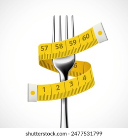 Measuring tape around fork. Weight loss and healthy eating. Stock vector illustration