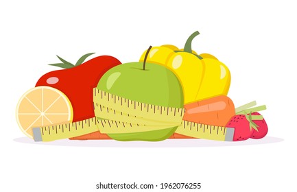 Cinta que mide la manzana verde, verduras, frutas y bayas. Nutrición adecuada. 