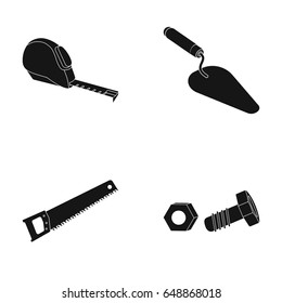 Measuring tape, bolt with nut, trowel, wood hacksaw. Build and repair set collection icons in black style vector symbol stock illustration web.