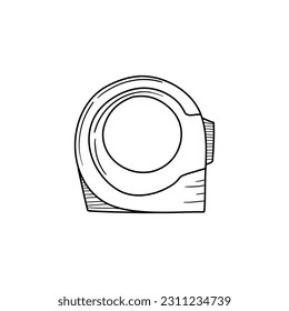 Measuring tape in doodle style. Isolated outline. Hand drawn vector illustration in black ink on white background.