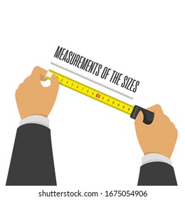 Measuring Tape in hand. Construction, engineering, repair concept. Men's hands hold a measuring tape. Vector illustration in flat style. EPS 10.
