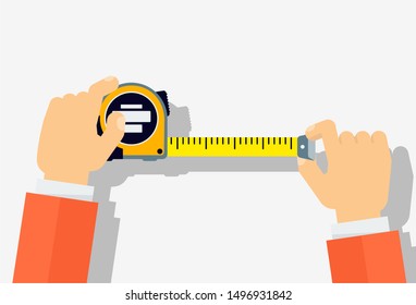 Measuring tape in the hands of a man. Template for a poster of a construction and repair company. Flat vector illustration.