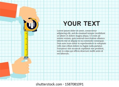 Measuring tape in the hands of a man. Template for a poster of a construction and repair company. Flat vector illustration.