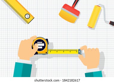 Cinta de medición en manos de un hombre. Plantilla para un afiche de una empresa de construcción y reparación. Reparación de viviendas, mantenimiento, equipo de construcción y bricolaje. Ilustración vectorial plana.