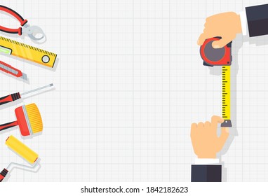 Cinta de medición en manos de un hombre. Plantilla para un afiche de una empresa de construcción y reparación. Reparación de viviendas, mantenimiento, equipo de construcción y bricolaje. Ilustración vectorial plana.