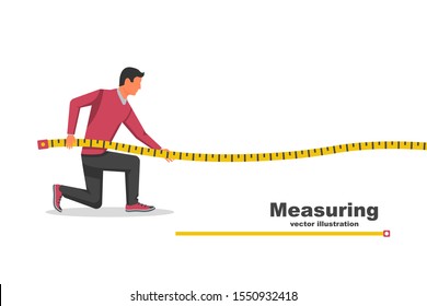 Measuring tape in the hands of the person making the measurements.Vector illustration flat design isolated on white background. Interior design concept