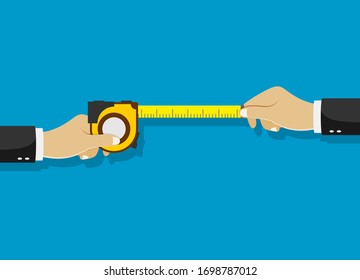 Medición de cinta en manos de la persona que realiza las mediciones. Ilustración del vector