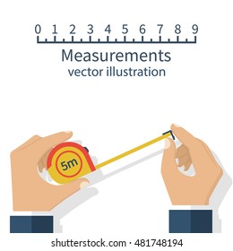 Measuring tape in the hands of the person making the measurements. Vector illustration flat design isolated on white background.