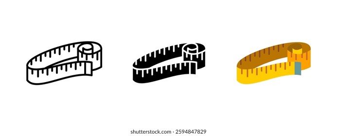 Measuring tape icon. Flexible ruler symbol for length and size measurement. Precision tool vector illustration. Used in tailoring, construction, and fitness tracking. Calculation and scaling concept.