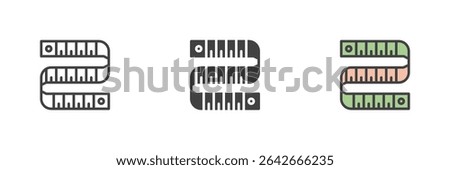 Measuring tape icon set in three variations: line, solid, and colorful filled outline. Icon represents sewing, tailoring, and accurate garment measurements. Vector symbol design.