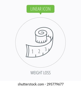 Measuring tape icon. Weight loss sign. Linear outline circle button. Vector