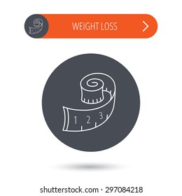 Measuring tape icon. Weight loss sign. Gray flat circle button. Orange button with arrow. Vector