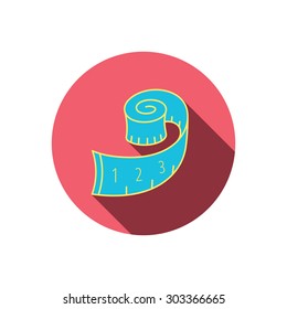 Measuring tape icon. Weight loss sign. Red flat circle button. Linear icon with shadow. Vector