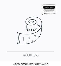 Measuring tape icon. Weight loss sign. Linear outline icon. Speech bubble of dotted line. Vector