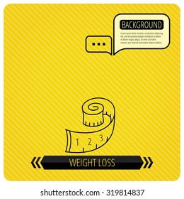 Measuring tape icon. Weight loss sign. Chat speech bubbles. Orange line background. Vector