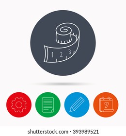 Measuring tape icon. Weight loss sign. Calendar, cogwheel, document file and pencil icons.
