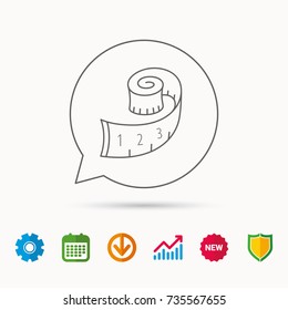 Measuring tape icon. Weight loss sign. Calendar, Graph chart and Cogwheel signs. Download and Shield web icons. Vector