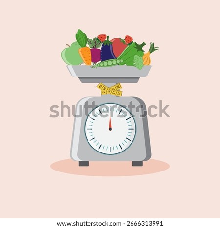 Measuring tape and kitchen scales, vegetables, fruits, berries, Weight loss, fitness, diet, healthy lifestyle, weight control, calories, proper nutrition, vegetarianism