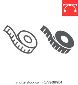 Measuring tape line and glyph icon, fitness and ruler, measurement tape sign vector graphics, editable stroke linear icon, eps 10