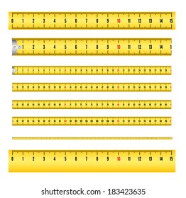 Fita de medição em mm para roleta ferramenta, e régua. Ilustração vetorial isolada em fundo branco. Várias variantes, dimensionadas proporcionalmente.