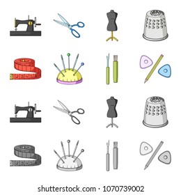 Measuring tape, needles, crayons and pencil.Sewing or tailoring tools set collection icons in cartoon,monochrome style vector symbol stock illustration web.