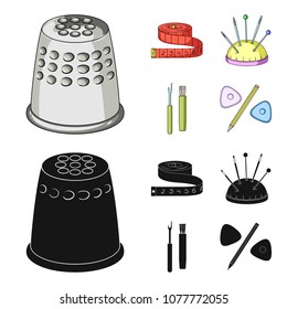 Measuring tape, needles, crayons and pencil.Sewing or tailoring tools set collection icons in cartoon,black style vector symbol stock illustration web.