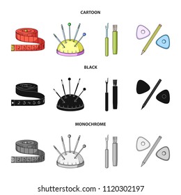 Measuring tape, needles, crayons and pencil.Sewing or tailoring tools set collection icons in cartoon,black,monochrome style vector symbol stock illustration web.