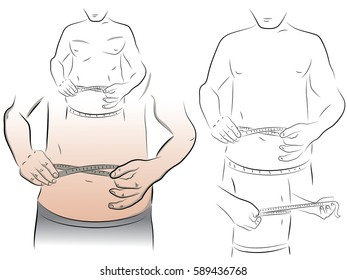 Measuring tape on her belly, weight, measure waist. Color vector illustration.