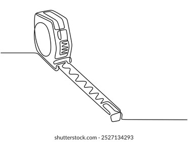 Cinta métrica en un dibujo de línea continua. Simbolizando herramientas industriales y artesanía. Ilustración dibujada a mano para proyectos de bricolaje.