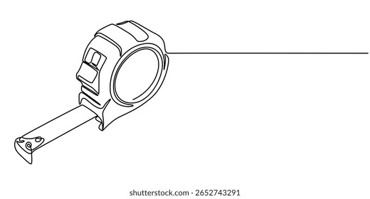 Measuring tape in one continuous line drawing. Symbolizing industrial tools and craftsmanship, Tape Measure Continuous Line Art Illustration, Tape measure in line art drawing style. Flexible ruler