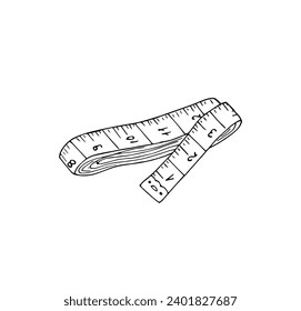 Measuring tape outline doodle illustration. Hand-drawn sketch of metric ribbon.  Centimeter tape. Tool for tailoring, atelier, fitness vector icon isolated 