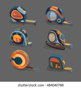 Measuring tape, a set of different lengths and shapes on a gray background. Building measuring tool. Home Repair and creativity. Stock vector set.