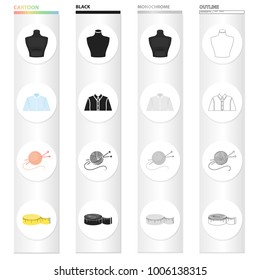 Measuring tape for sewing, mannequin, man's shirt, tangle with knitting needles. Sewing and equipment set collection icons in cartoon black monochrome outline style vector symbol stock illustration