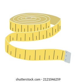 Measuring tape for sewing. Yellow icon. Vector illustration isolated on a white background. Portne centimeter tape to measure length and width or to measure abdominal size during diet