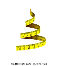 Measuring tape swirling in the shape of a Christmas tree. Vector 3d illustration on white background