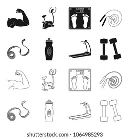 Measuring tape, water bottle, treadmill, dumbbells. Fitnes set collection icons in black,outline style vector symbol stock illustration web.