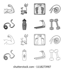 Measuring tape, water bottle, treadmill, dumbbells. Fitnes set collection icons in outline,monochrome style vector symbol stock illustration web.