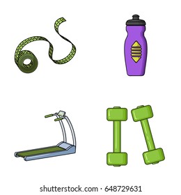 Measuring tape, water bottle, treadmill, dumbbells. Fitnes set collection icons in cartoon style vector symbol stock illustration web.