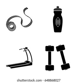 Measuring tape, water bottle, treadmill, dumbbells. Fitnes set collection icons in black style vector symbol stock illustration web.