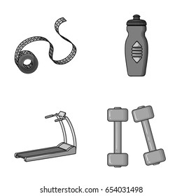 Measuring tape, water bottle, treadmill, dumbbells. Fitnes set collection icons in monochromet style vector symbol stock illustration web.