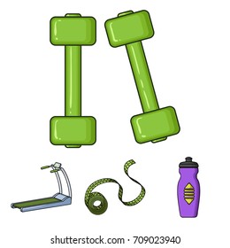 Measuring tape, water bottle, treadmill, dumbbells. Fitnes set collection icons in cartoon style vector symbol stock illustration web.