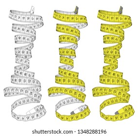 Measuring tape in white and yellow colors. Theme for the studio, dressmaking, diet abstract design. Vector illustration.