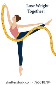 Measuring tape - woman exercising fitness - isolated on white background - art vector illustration. Control of the figure.