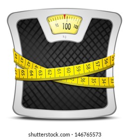 Measuring tape wrapped around bathroom scales. Concept of weight loss, diet, healthy lifestyle. Vector illustration EPS10.